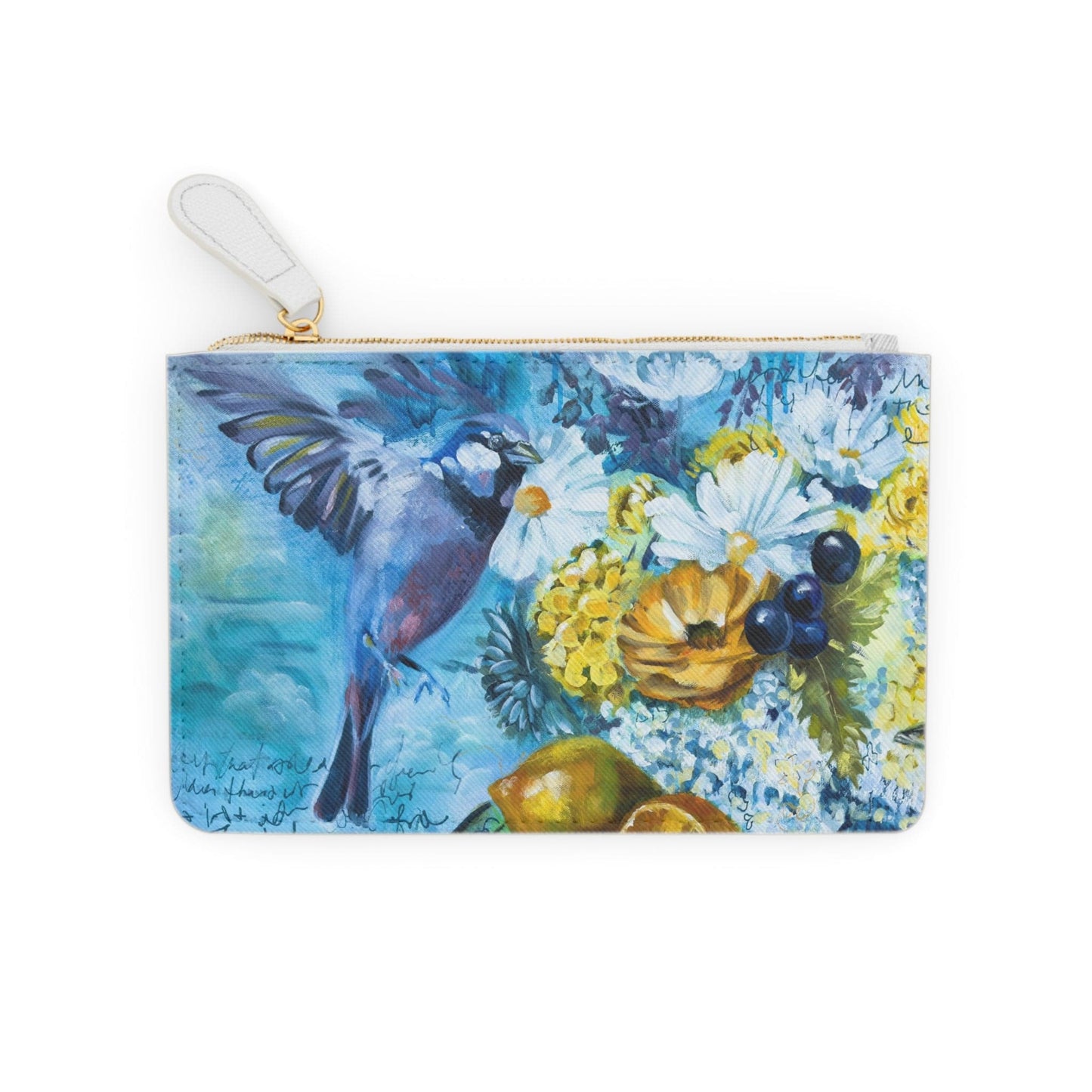 Printify Bags 6.3” x 4” / White Mini Clutch Bag - Birds with Fruit Painting in Blues and Yellows