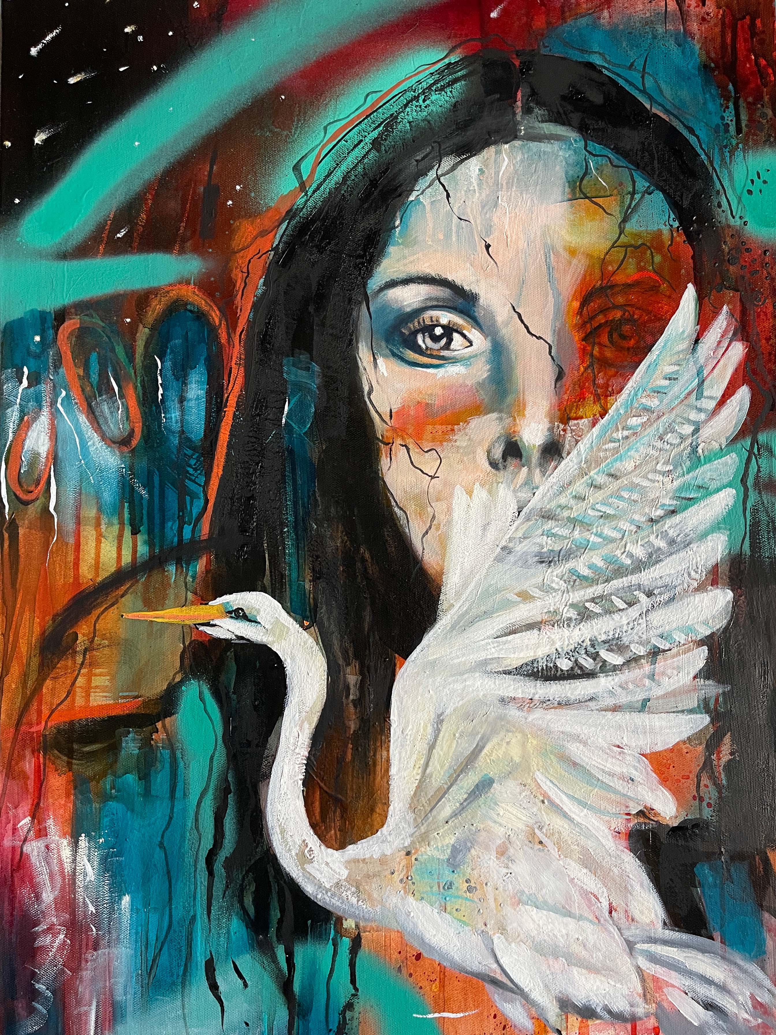 Burning Colors painting. Oil painting of a woman with an egret on canvas with an abstract backgroun.