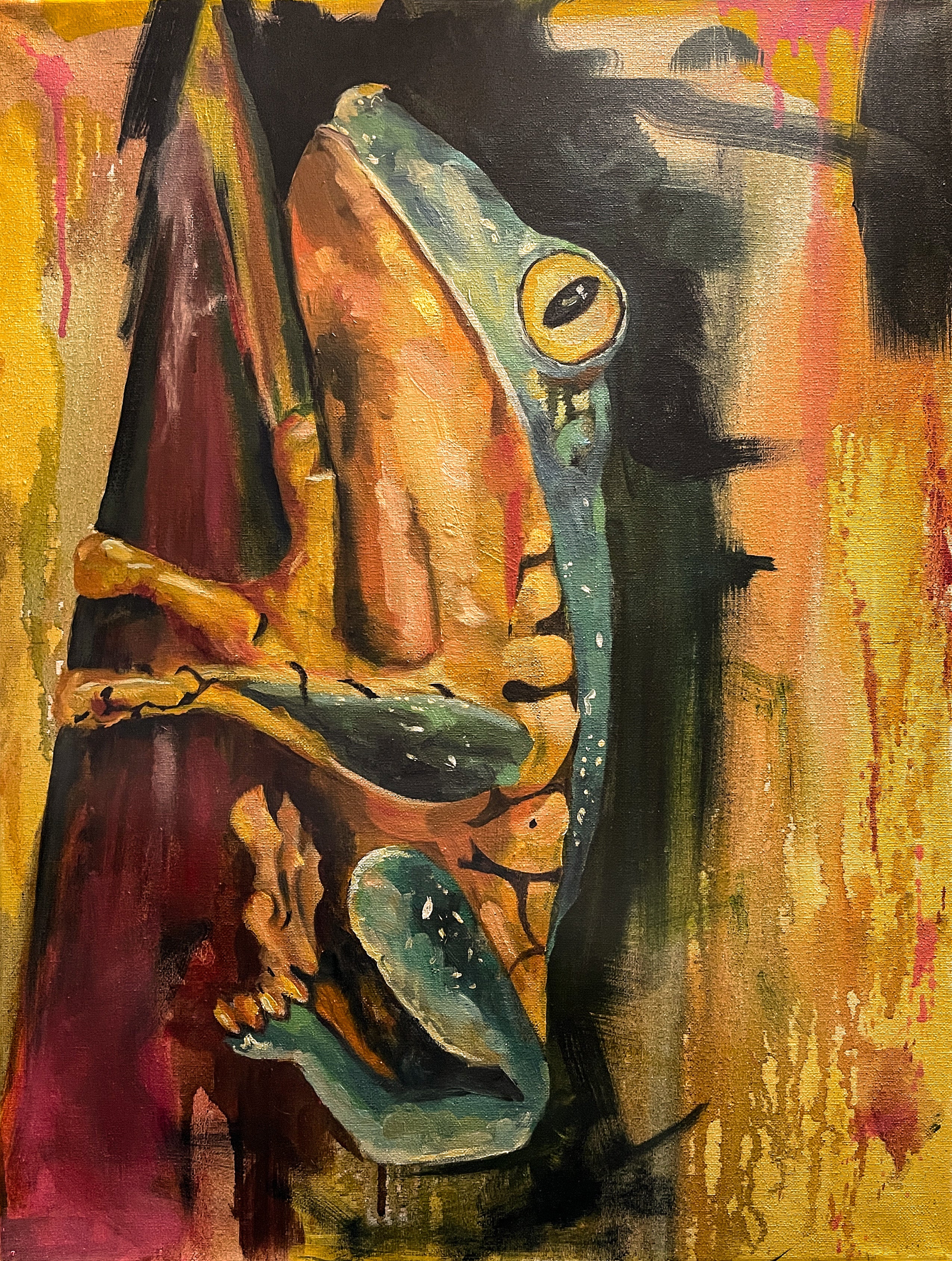 frog oil painting by linda mcclure. tree frog on abstract background.
