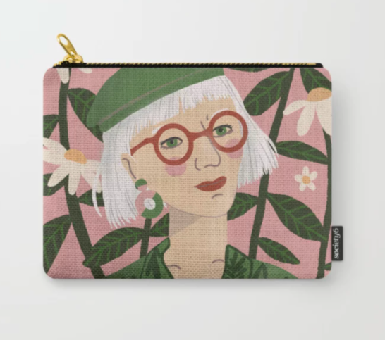 makeup bag created at Society 6 with a woman's face