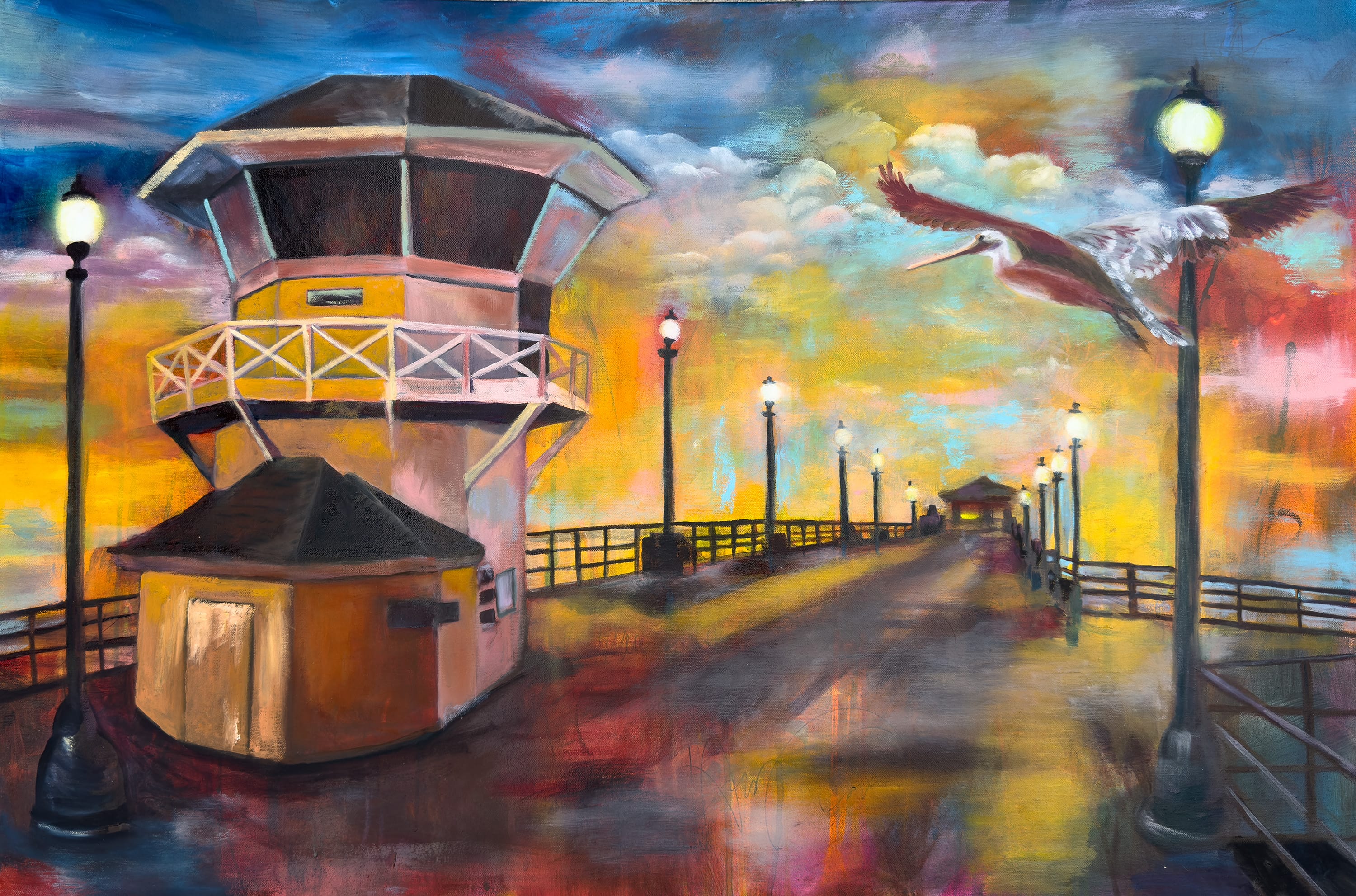 Linda McClure Art 0riginal Painting Huntington Beach Pier at Sunrise