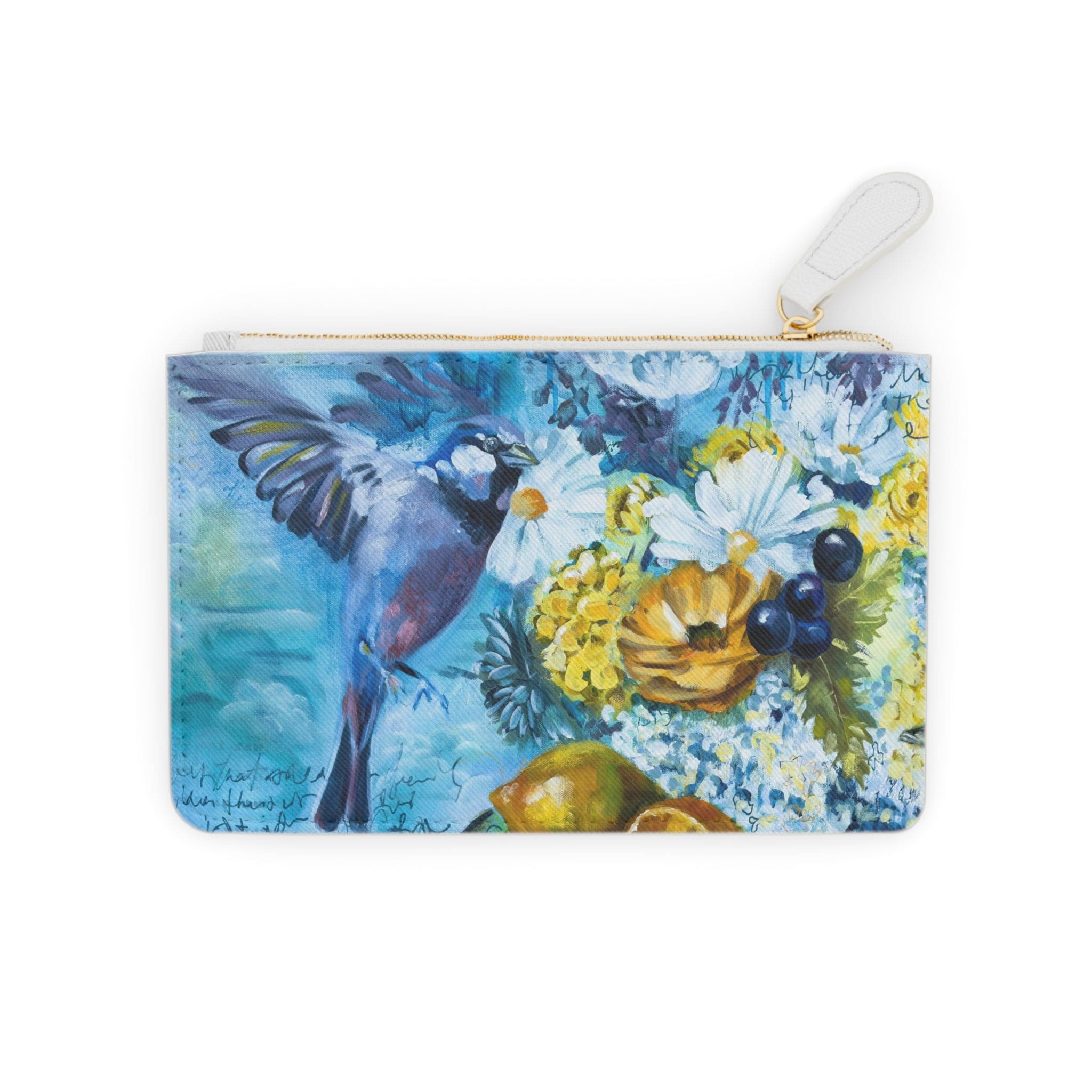 Printify Bags 6.3” x 4” / White Mini Clutch Bag - Birds with Fruit Painting in Blues and Yellows