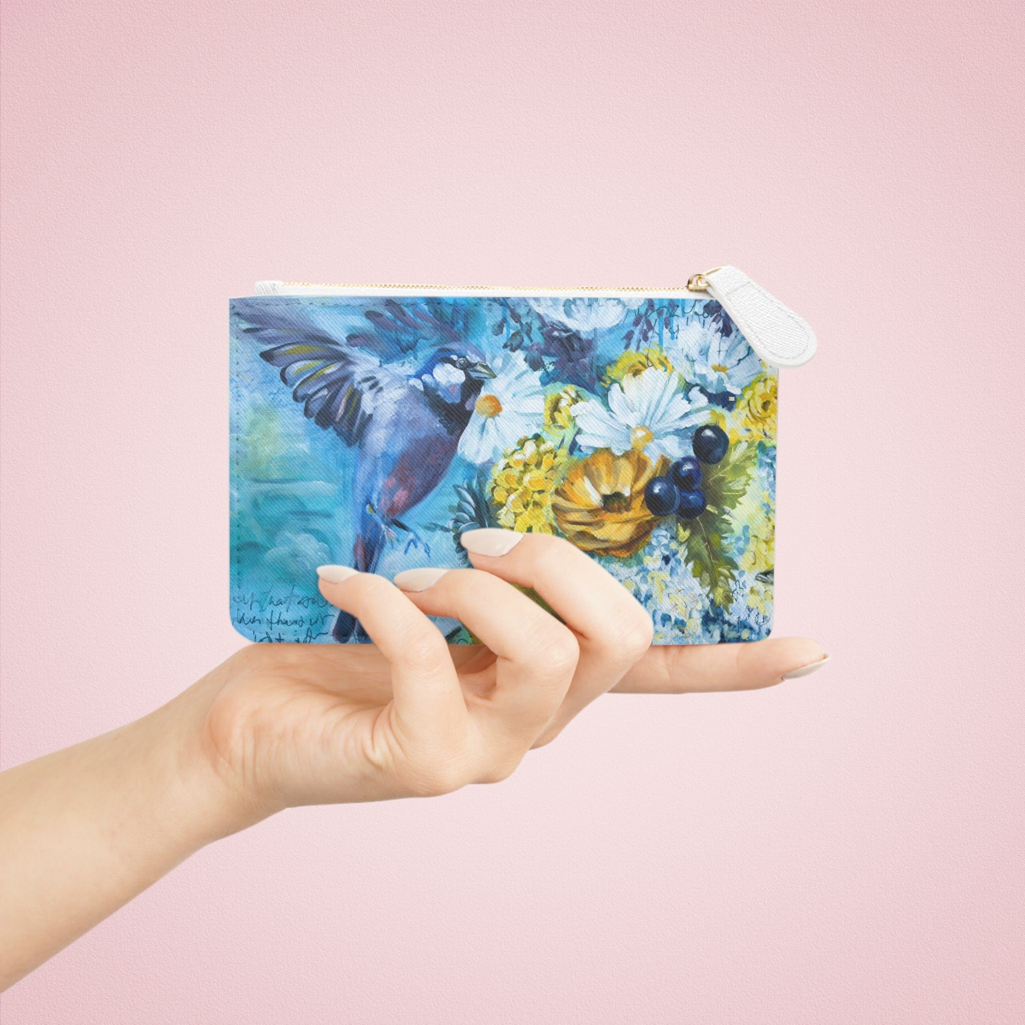 Printify Bags 6.3” x 4” / White Mini Clutch Bag - Birds with Fruit Painting in Blues and Yellows