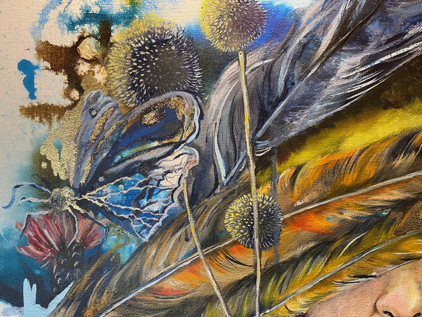 Load image into Gallery viewer, detail of butterfly with gold flakes on oil painting
